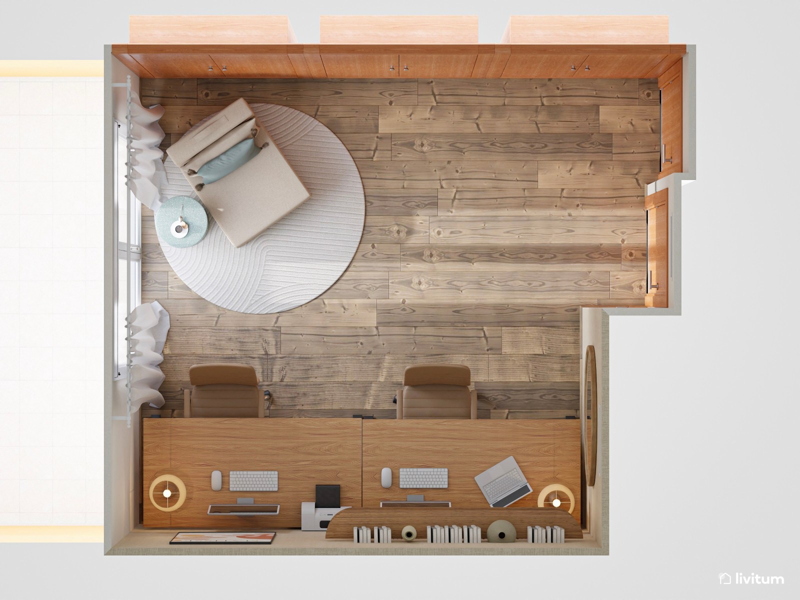 Estudio boho moderno con escritorio doble y armario grande