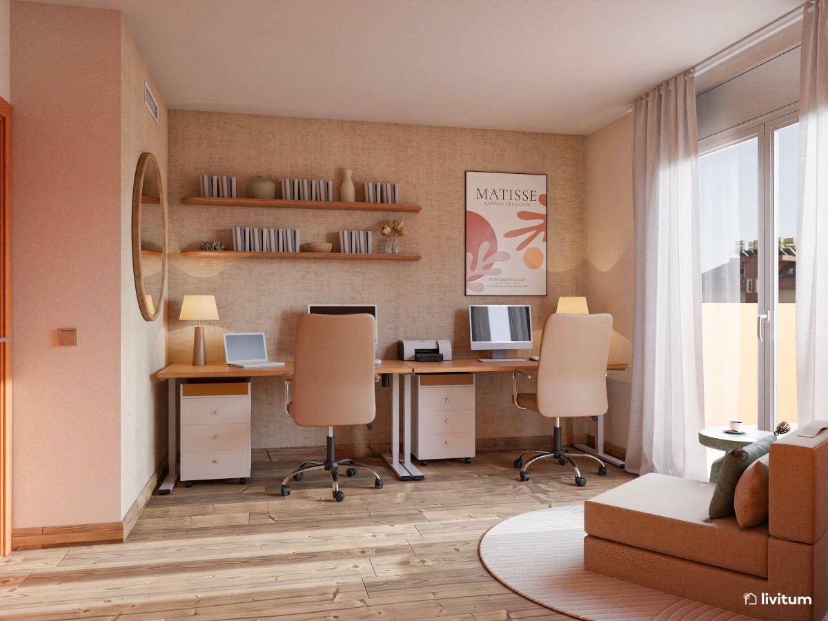 Estudio boho moderno con escritorio doble y armario grande