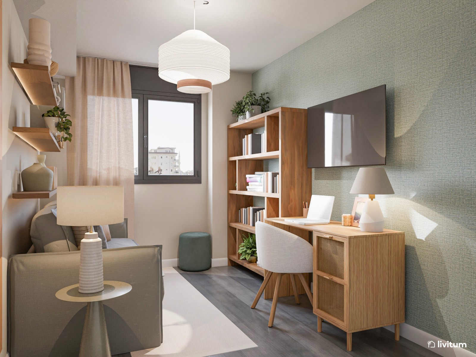 Estudio clásico en verde, blanco y madera