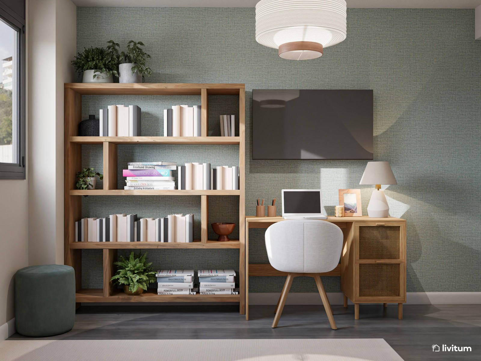 Estudio clásico en verde, blanco y madera