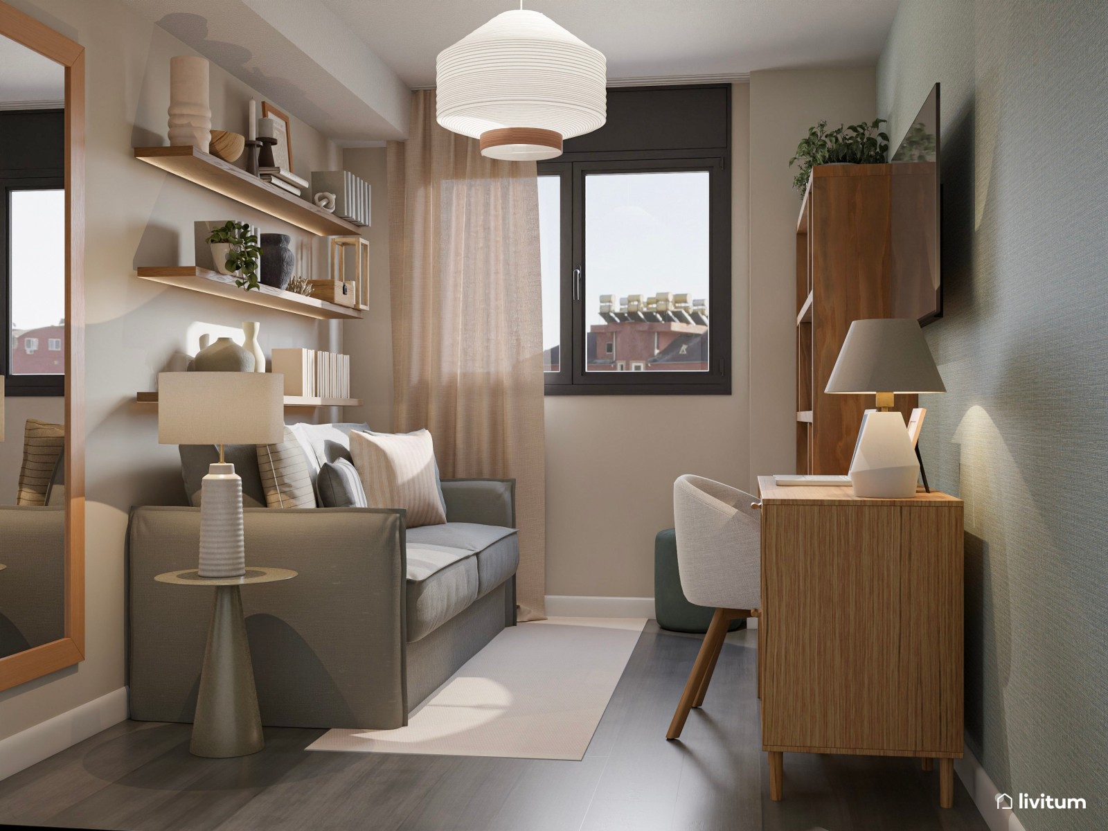 Estudio clásico en verde, blanco y madera