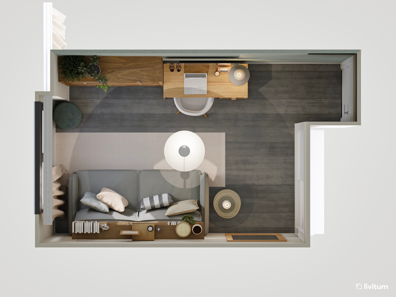 Estudio clásico en verde, blanco y madera