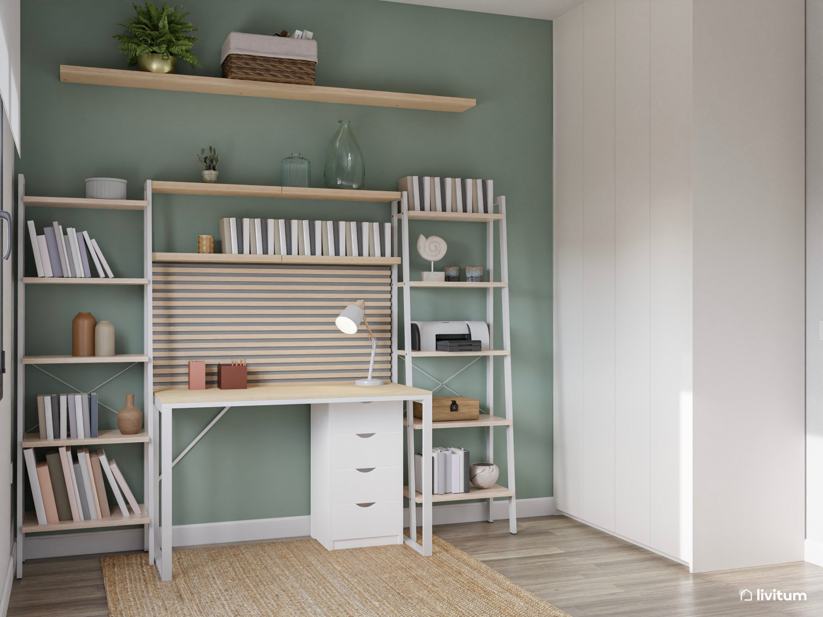 Estudio con doble escritorio en blanco, verde y madera