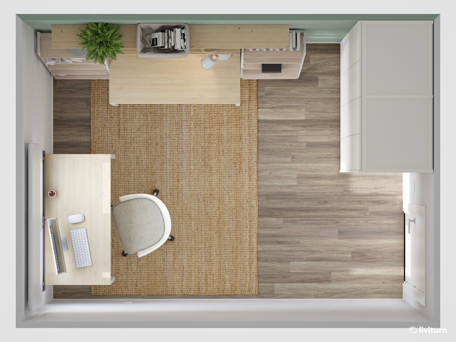 Estudio con doble escritorio en blanco, verde y madera