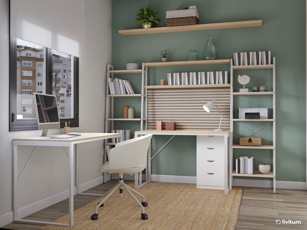 Estudio con doble escritorio en blanco, verde y madera