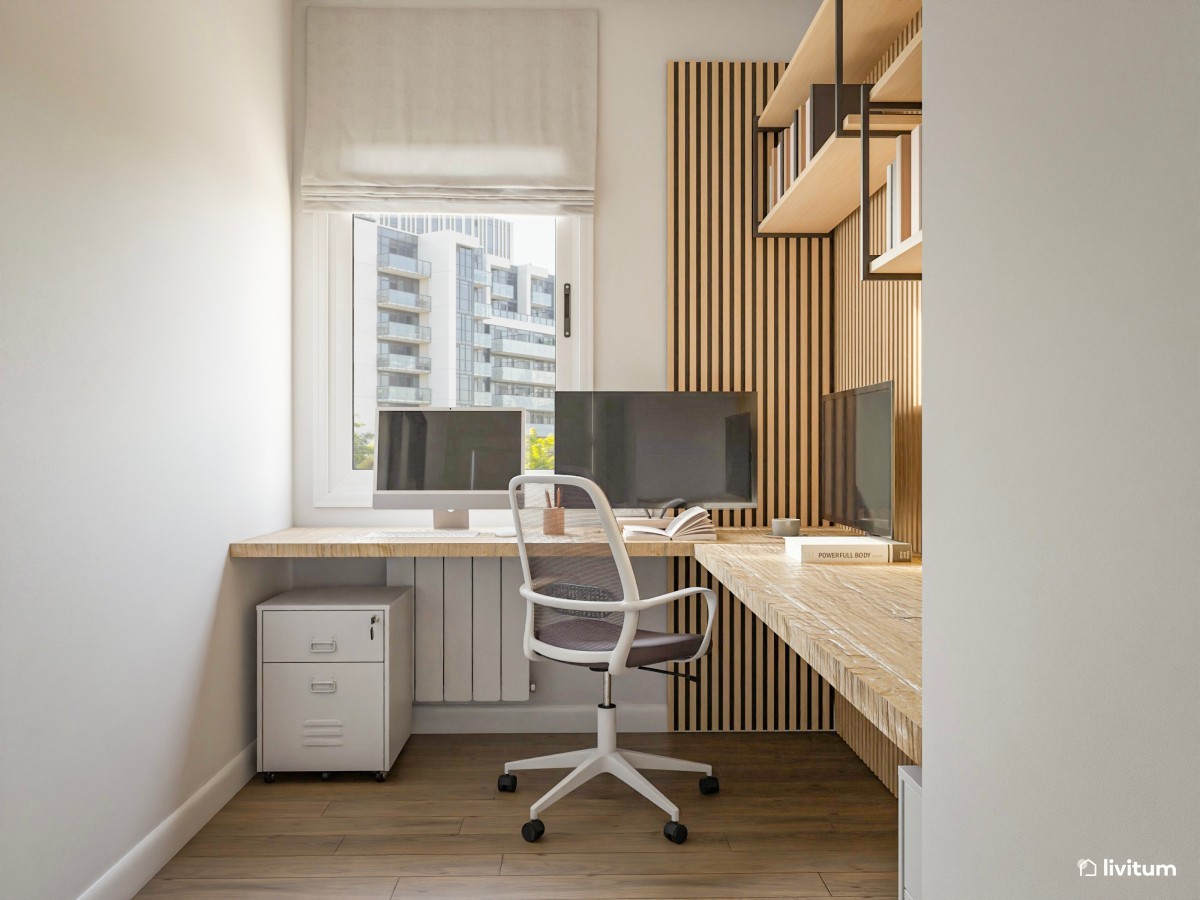 Estudio con paneles de madera y una cómoda zona de trabajo