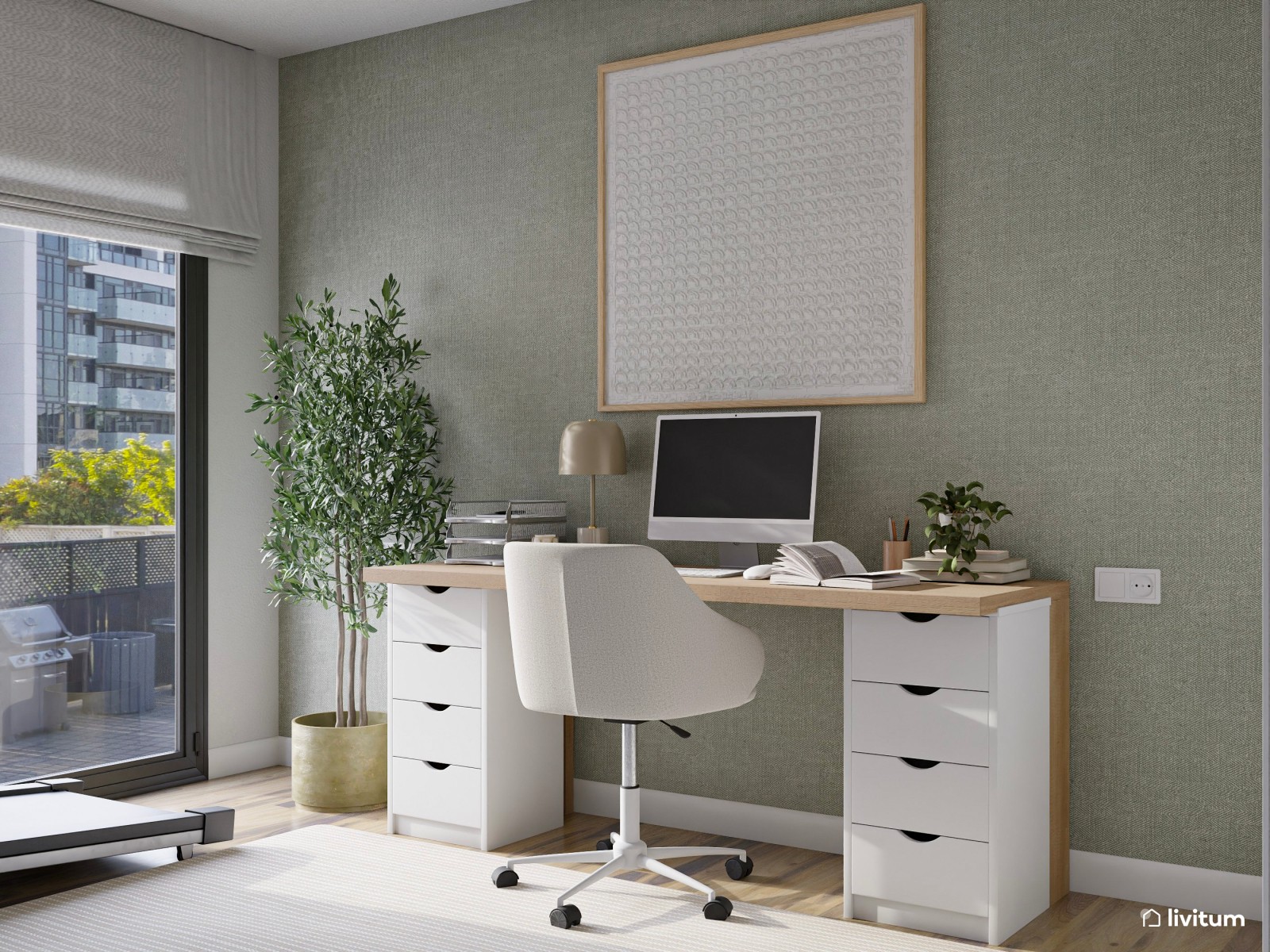 Estudio con papel pintado en verde y zona de gimnasio