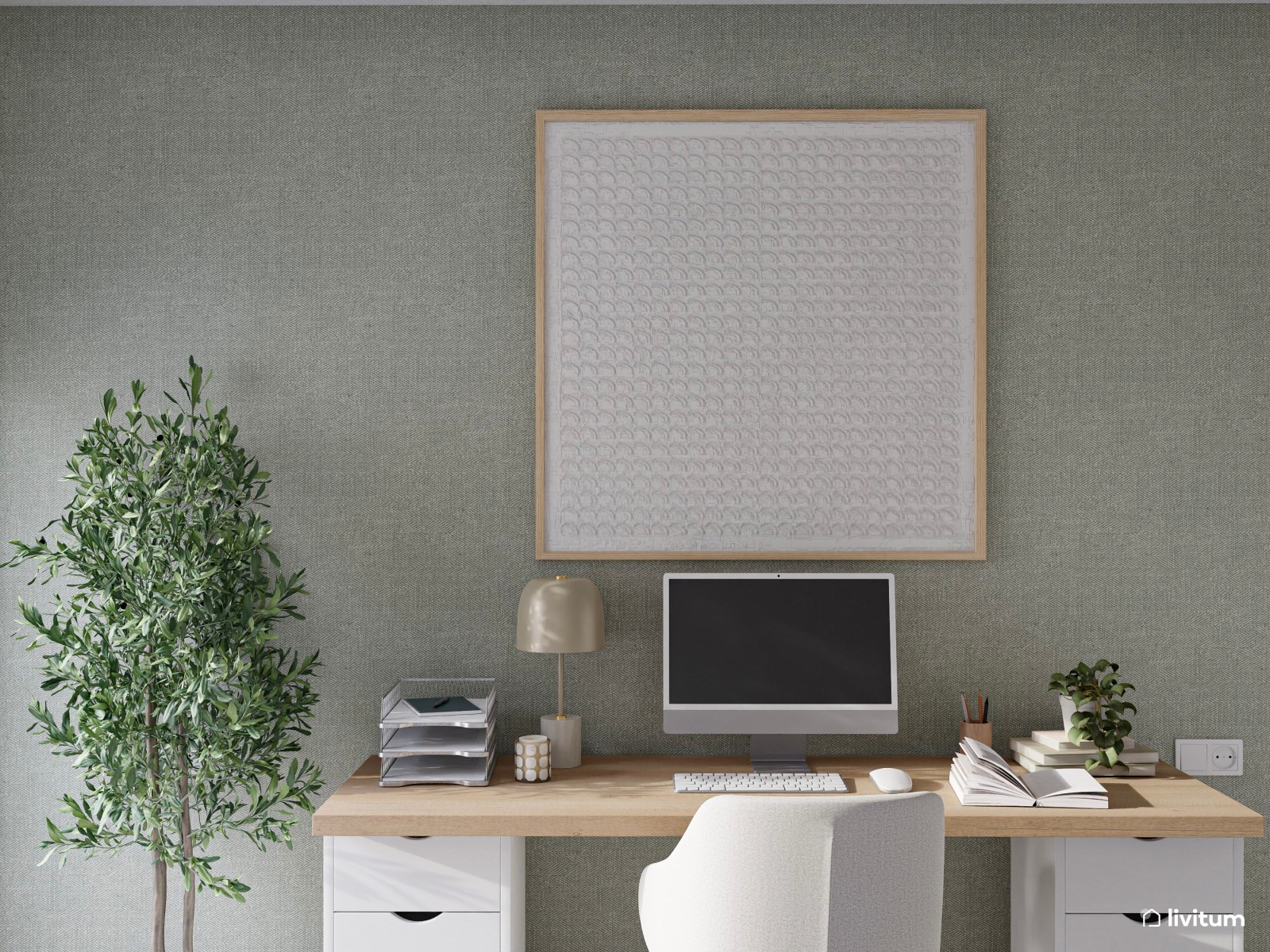 Estudio con papel pintado en verde y zona de gimnasio