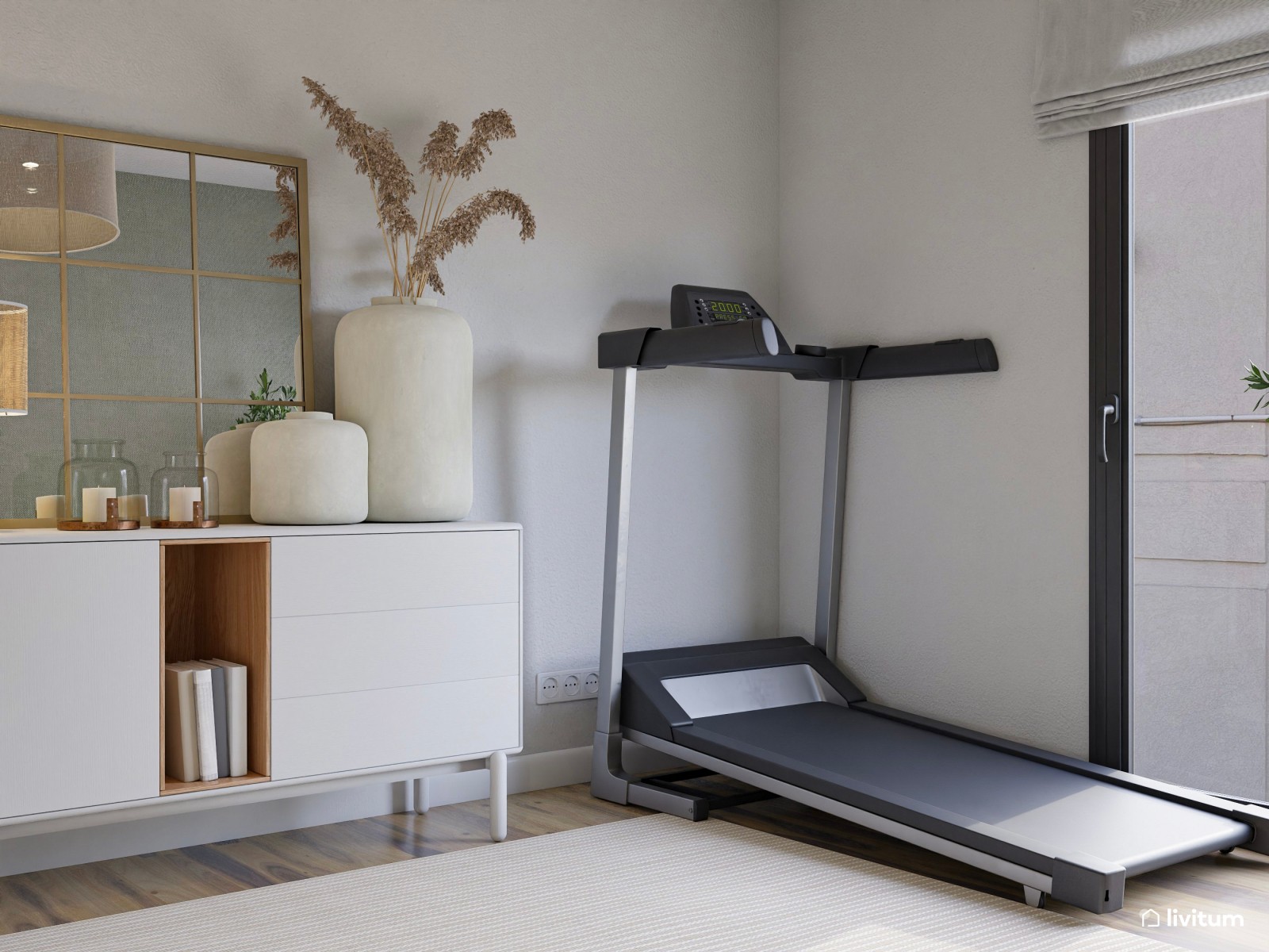 Estudio con papel pintado en verde y zona de gimnasio