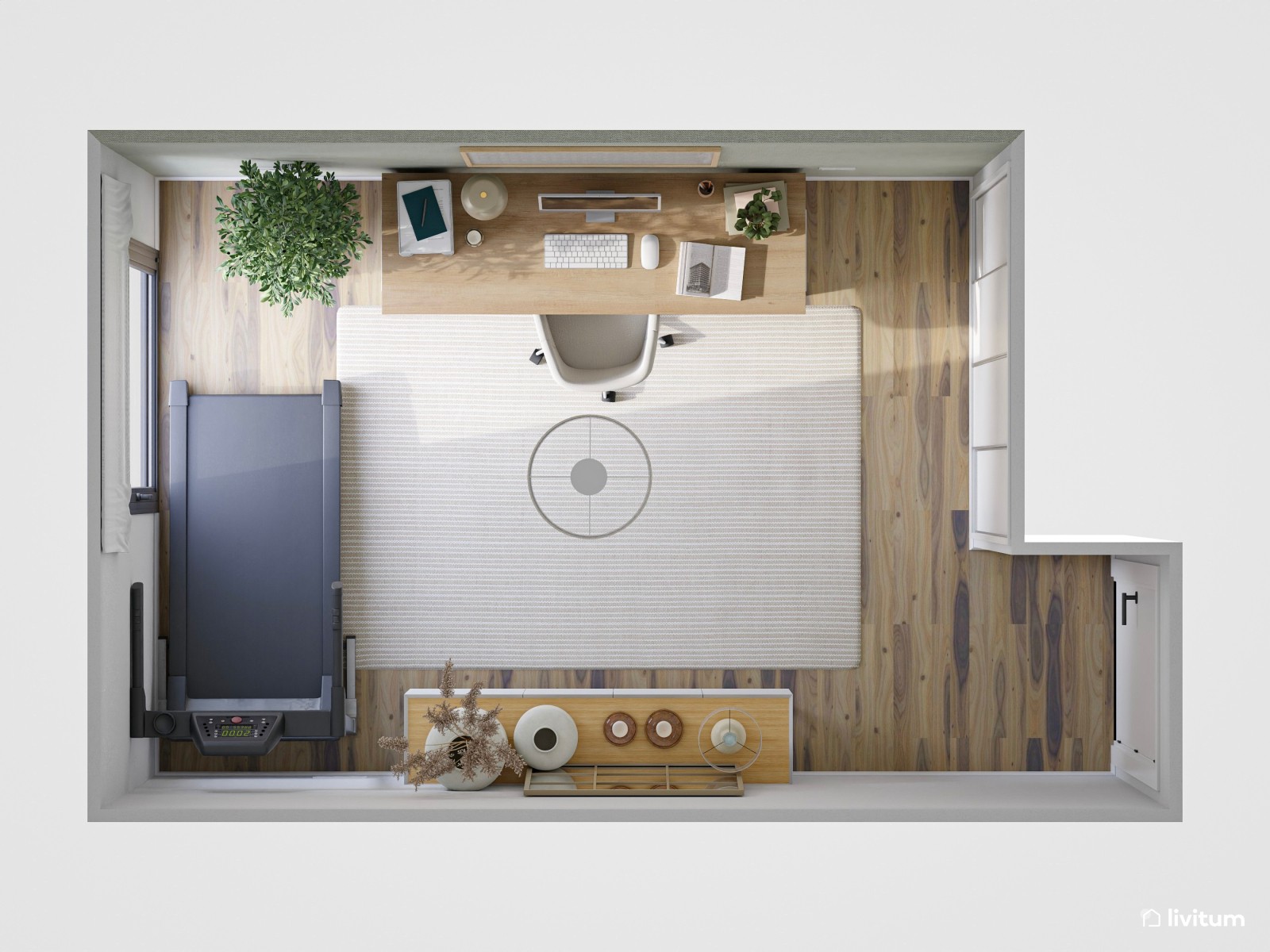 Estudio con papel pintado en verde y zona de gimnasio