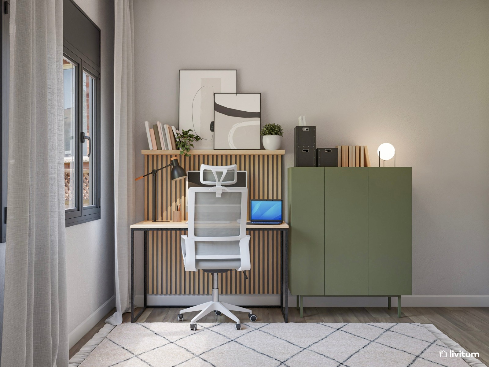 Estudio con sofá cama decorado con toques de verde