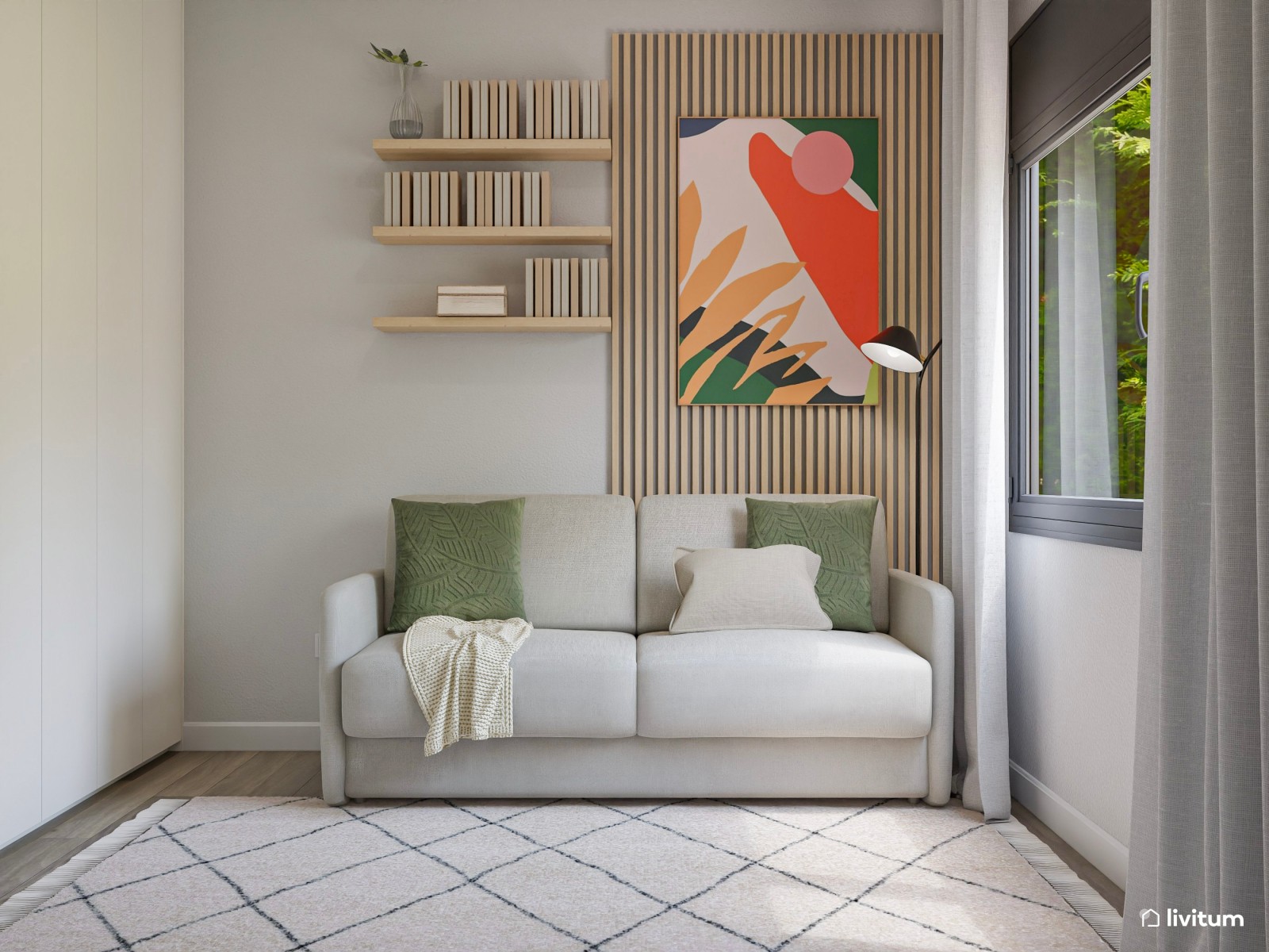 Estudio con sofá cama decorado con toques de verde