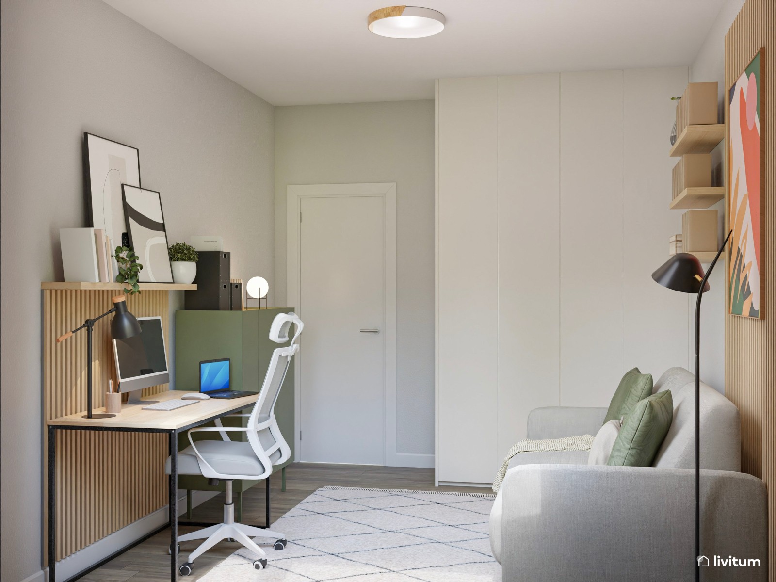 Estudio con sofá cama decorado con toques de verde