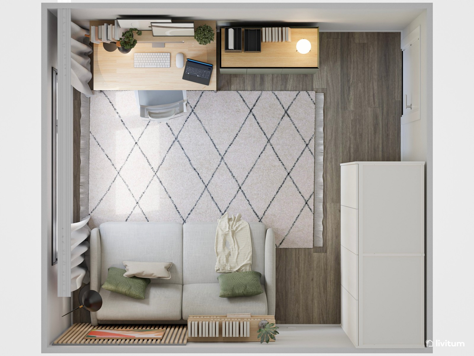 Estudio con sofá cama decorado con toques de verde