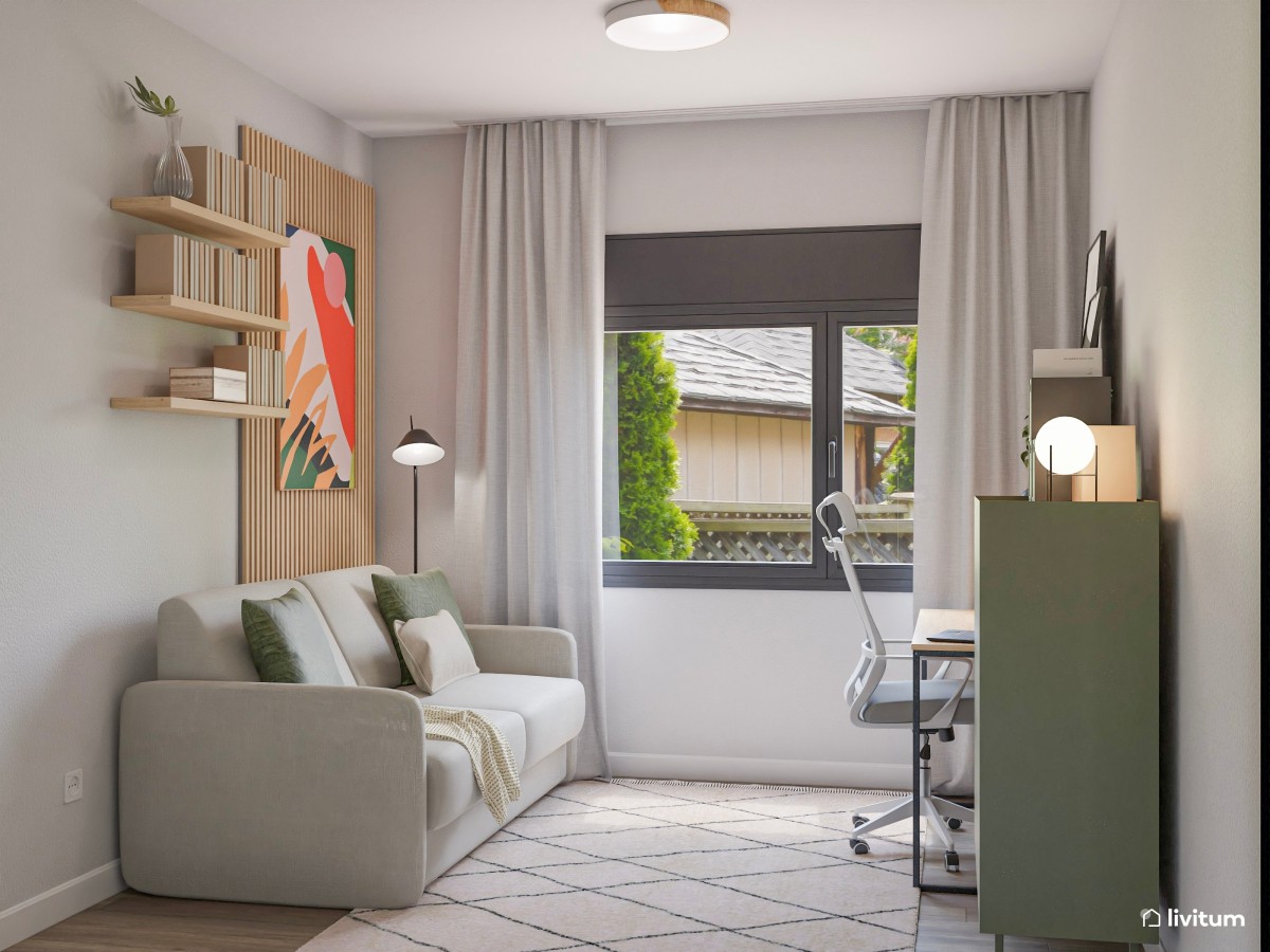Estudio con sofá cama decorado con toques de verde