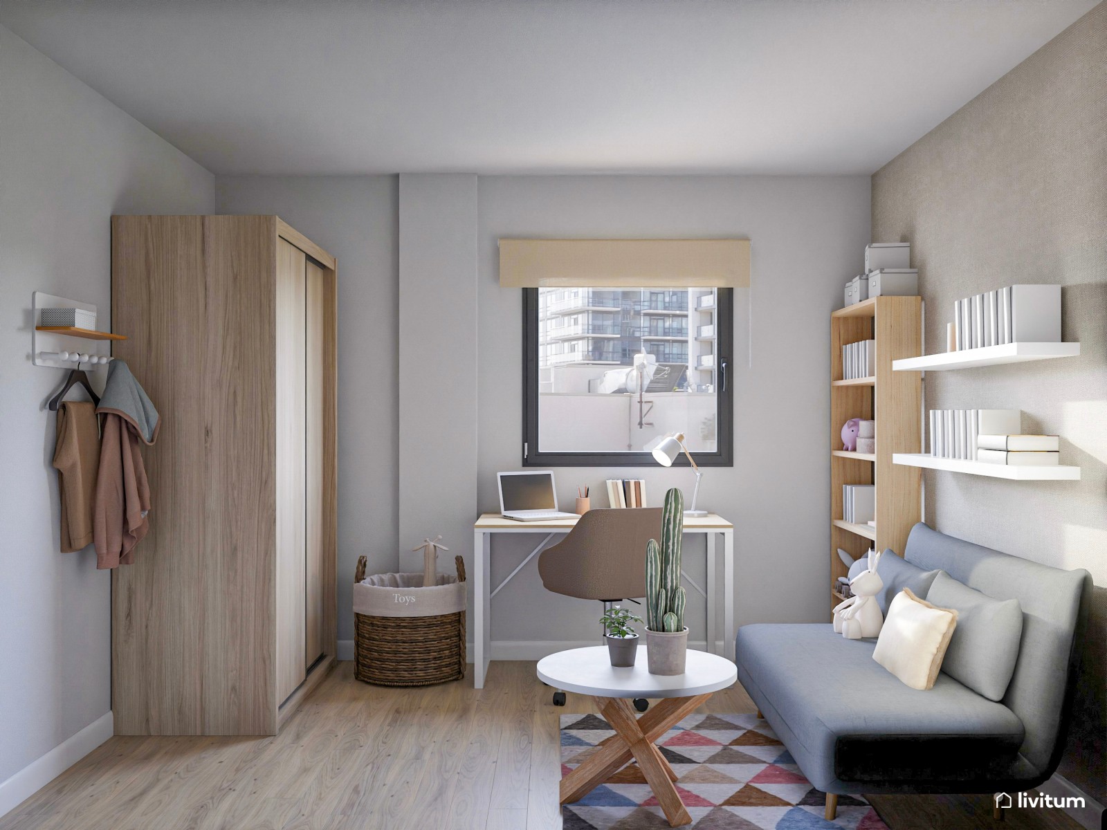 Estudio con sofá cama y zona de despacho 