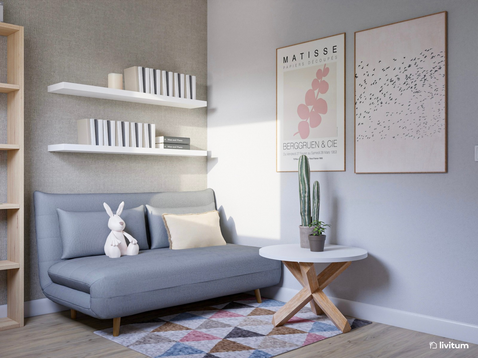 Estudio con sofá cama y zona de despacho 