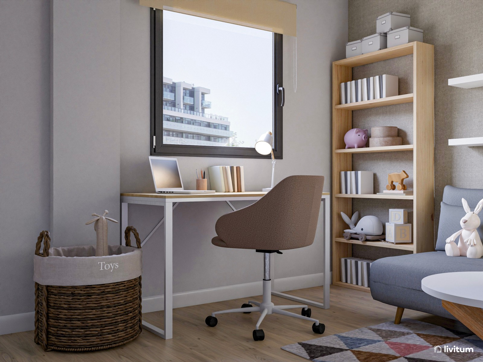 Estudio con sofá cama y zona de despacho 