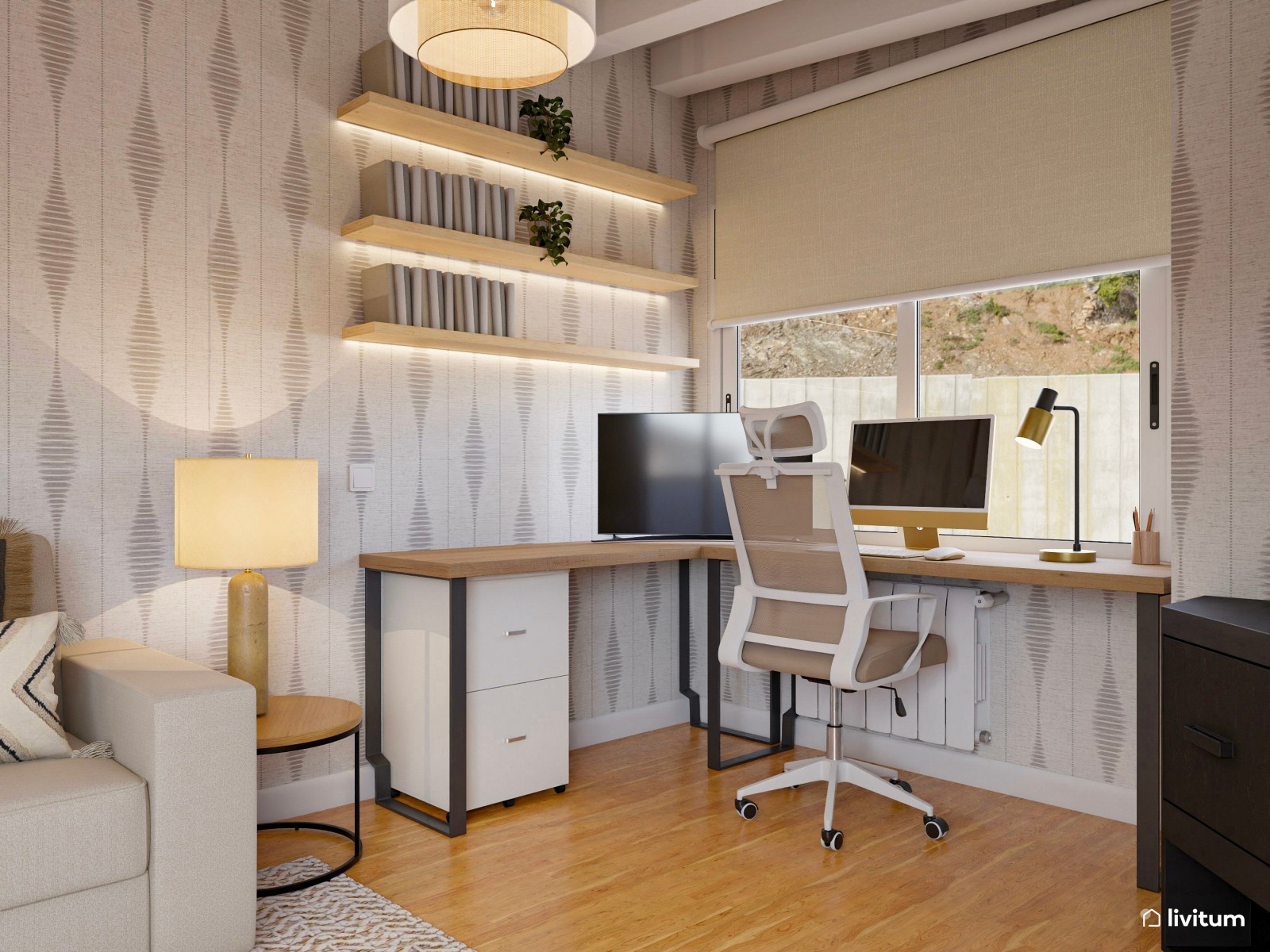  Estudio con vistas al exterior y papel pintado en tonos cálidos 