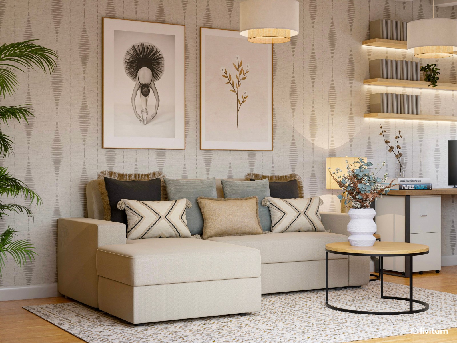  Estudio con vistas al exterior y papel pintado en tonos cálidos 