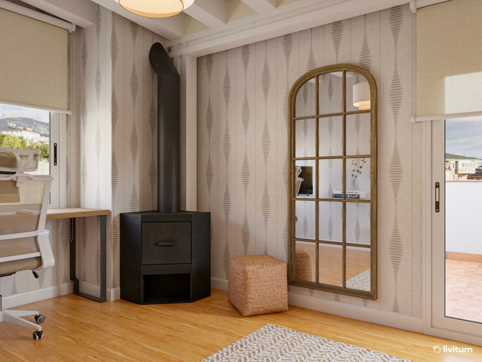  Estudio con vistas al exterior y papel pintado en tonos cálidos 