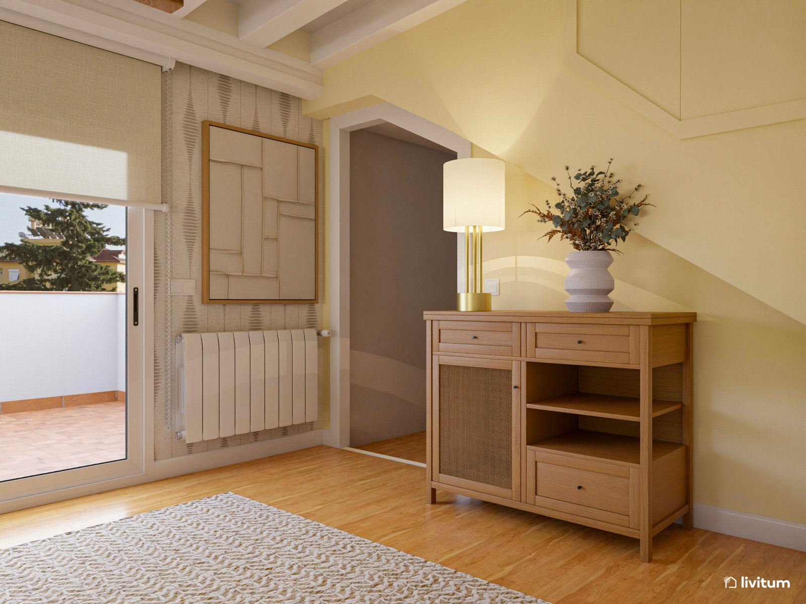  Estudio con vistas al exterior y papel pintado en tonos cálidos 