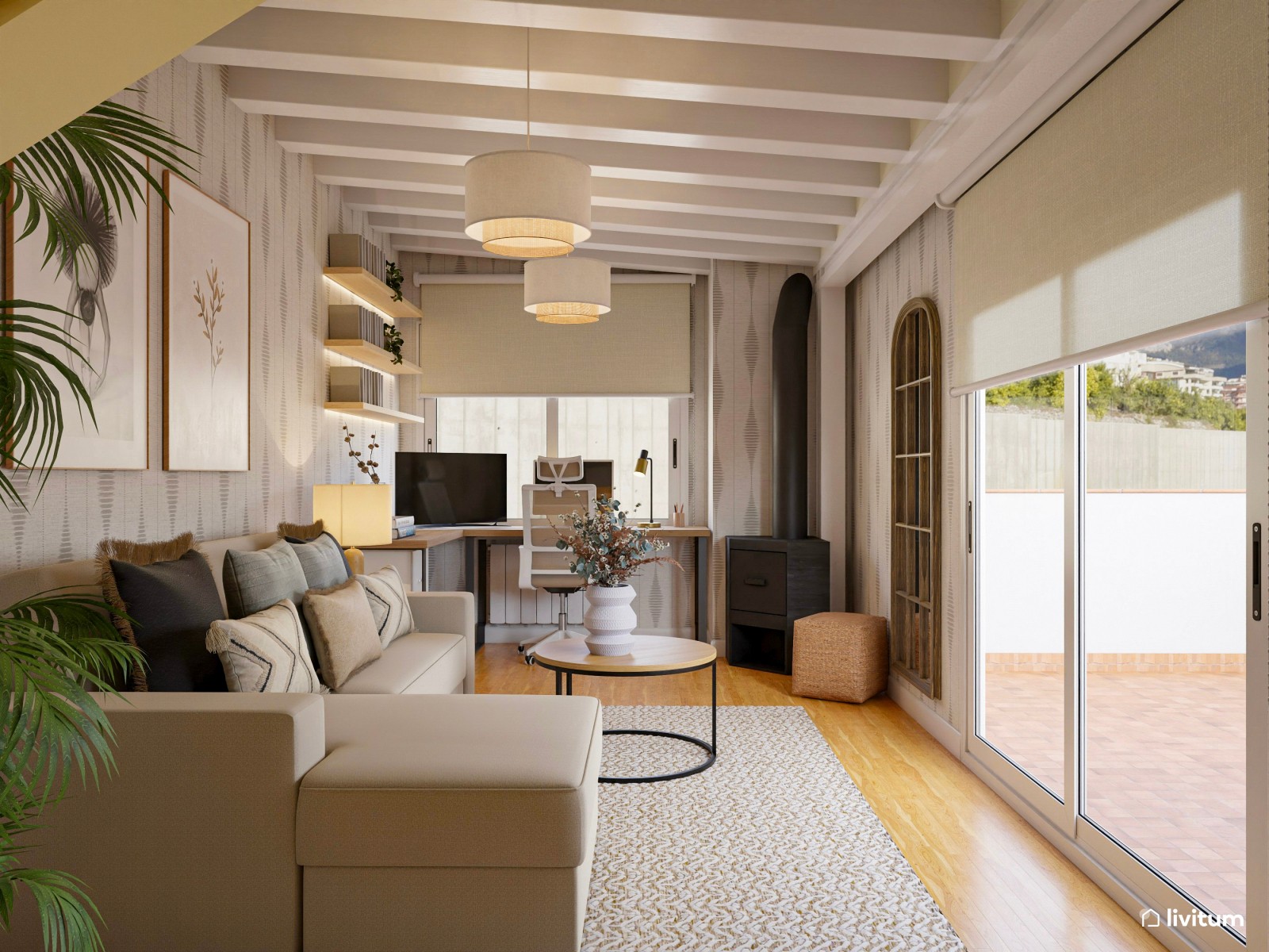  Estudio con vistas al exterior y papel pintado en tonos cálidos 
