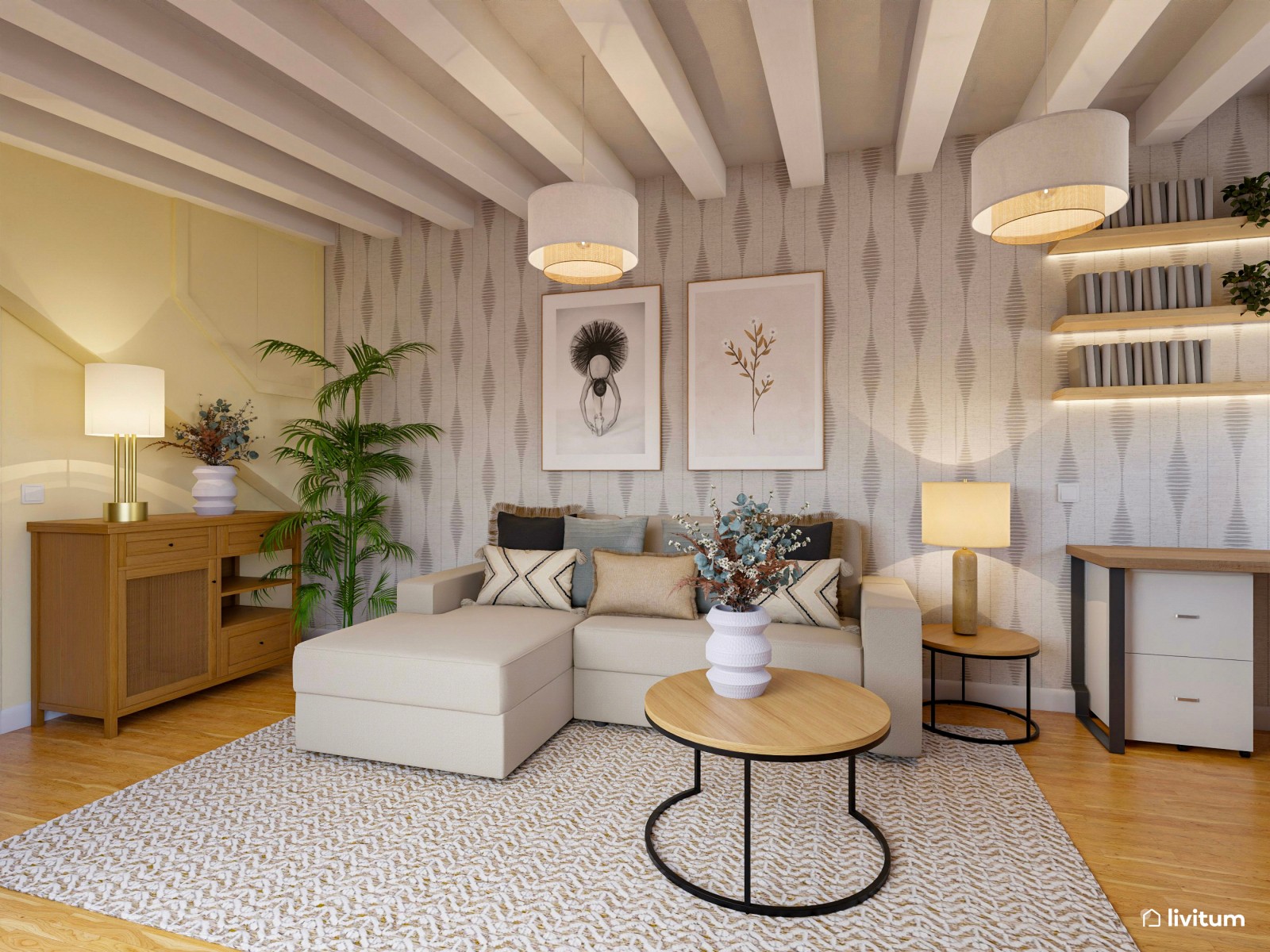  Estudio con vistas al exterior y papel pintado en tonos cálidos 