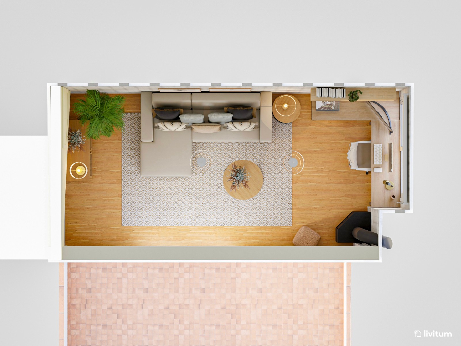  Estudio con vistas al exterior y papel pintado en tonos cálidos 