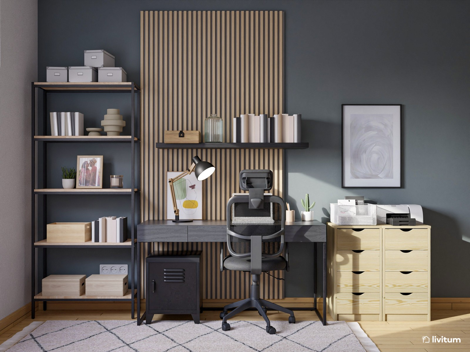 Estudio contemporáneo en color gris con cómodo sofá cama