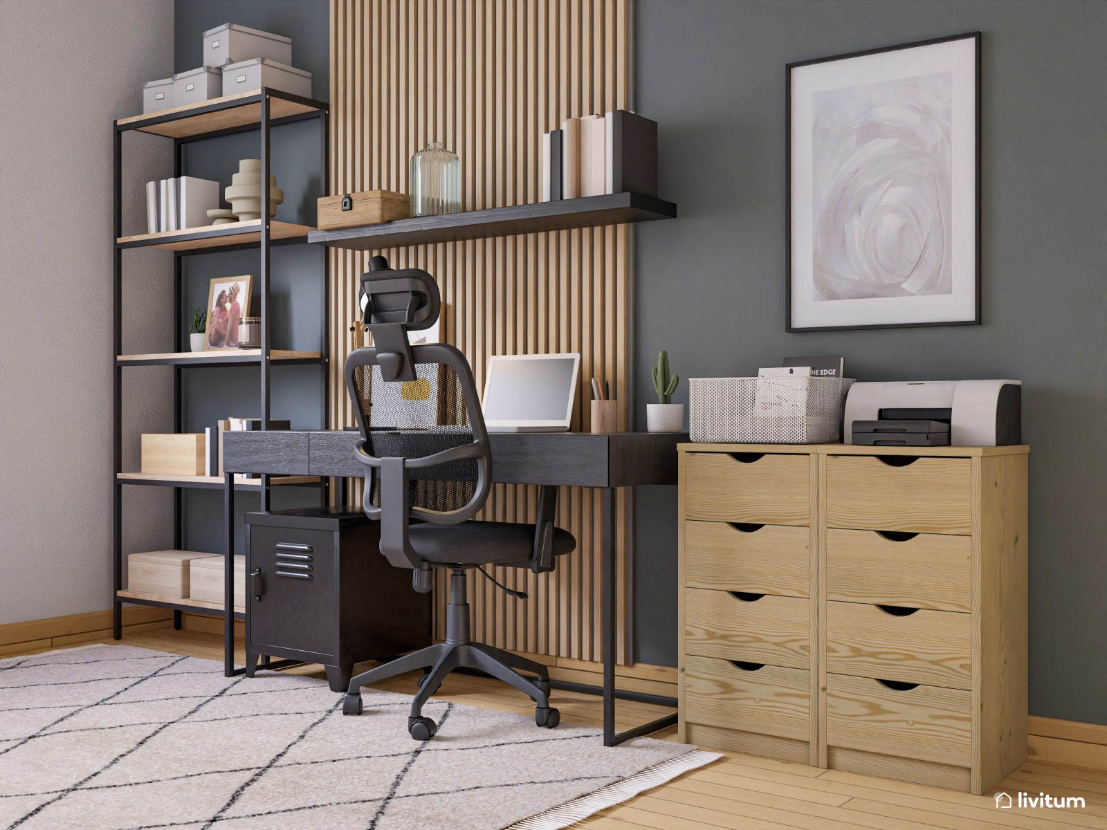 Estudio contemporáneo en color gris con cómodo sofá cama
