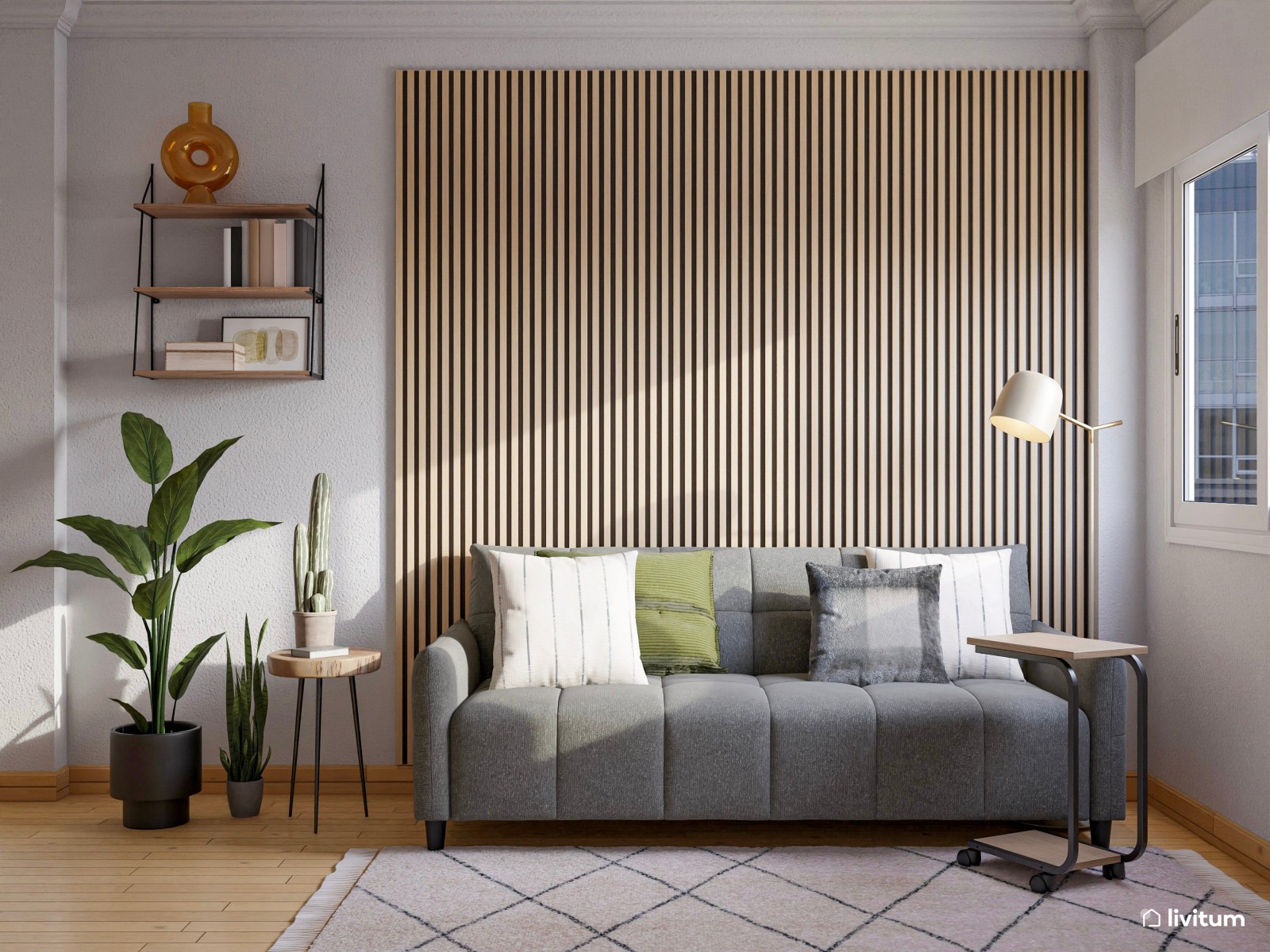 Estudio contemporáneo en color gris con cómodo sofá cama