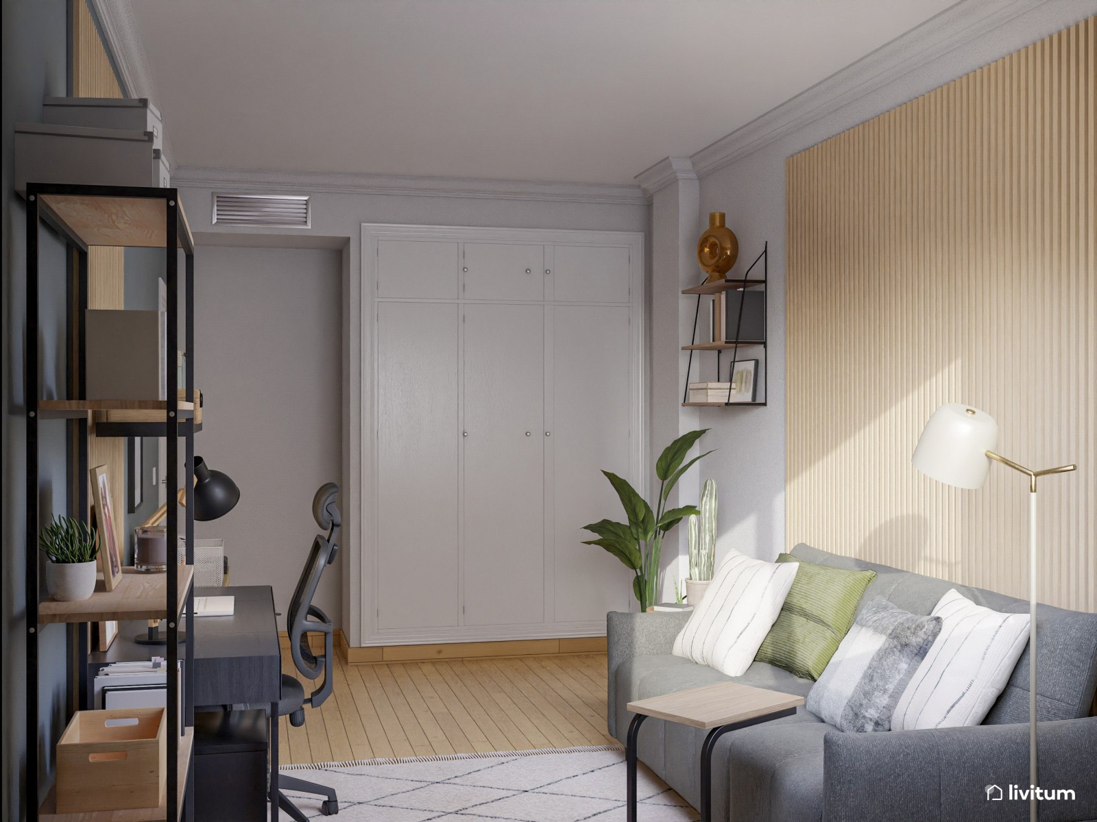 Estudio contemporáneo en color gris con cómodo sofá cama