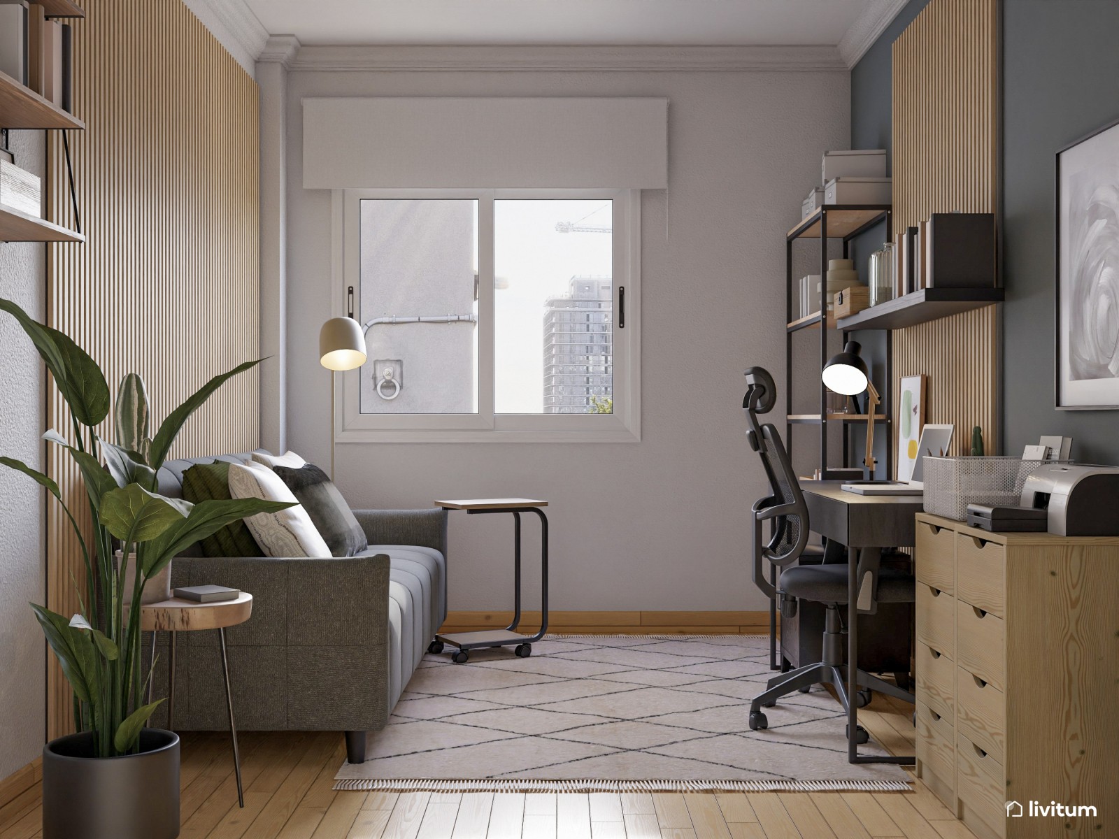 Estudio contemporáneo en color gris con cómodo sofá cama