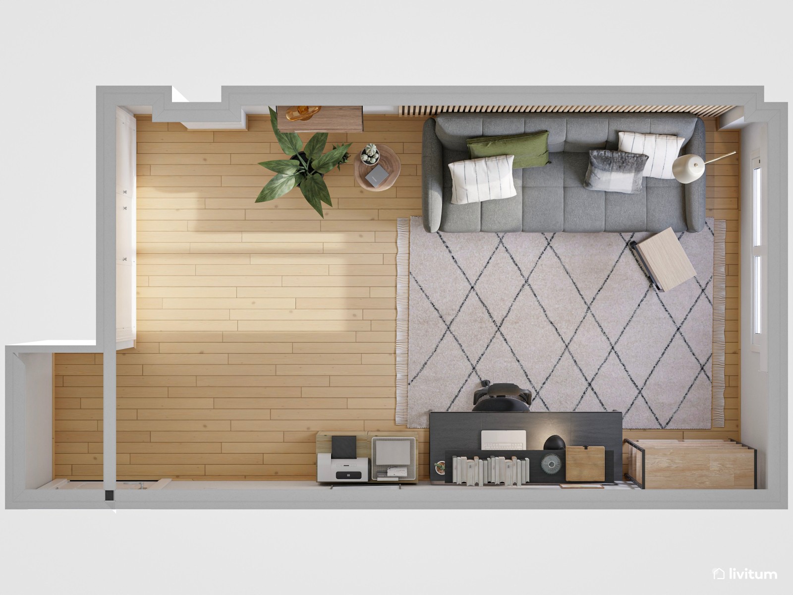 Estudio contemporáneo en color gris con cómodo sofá cama