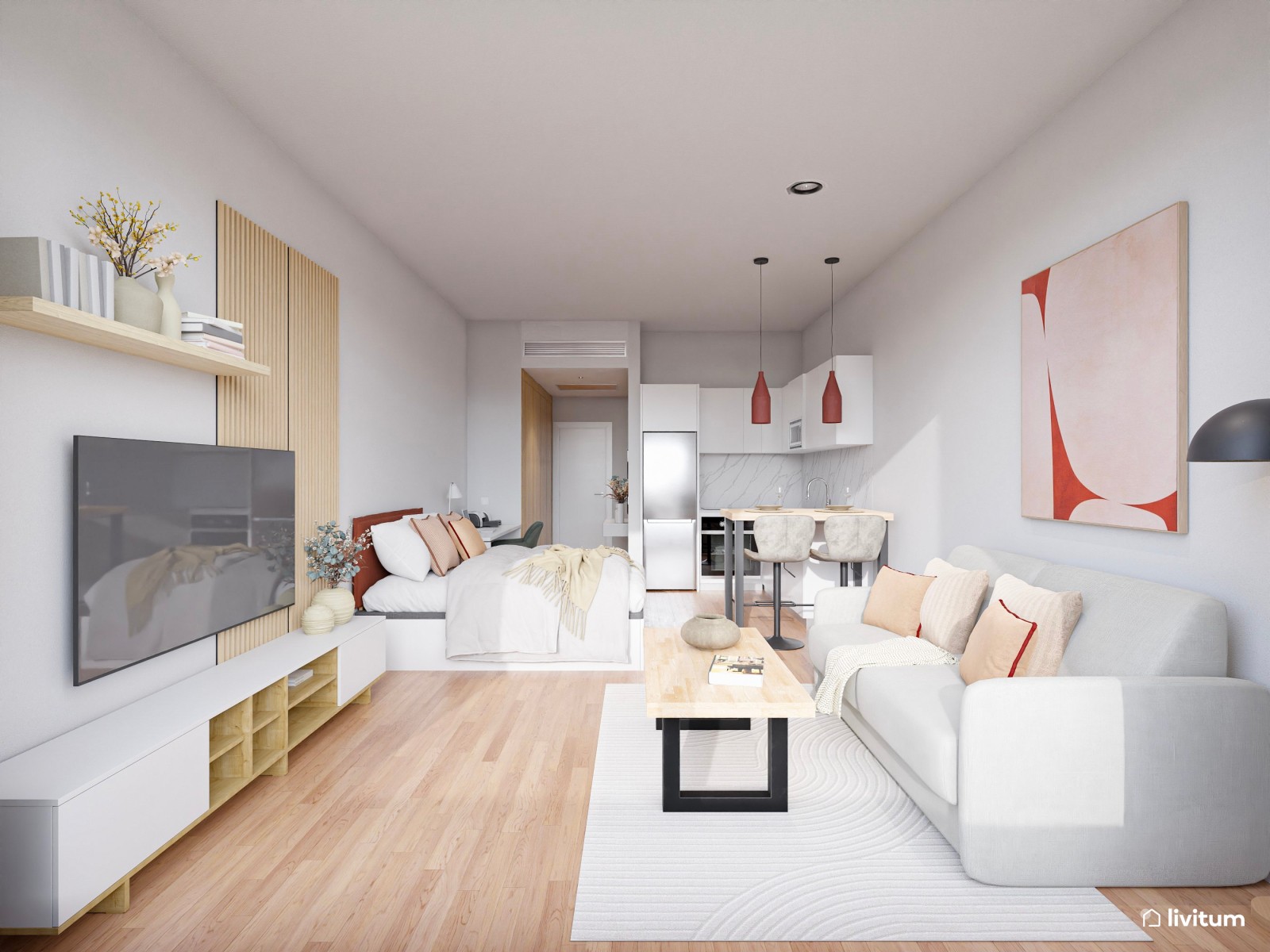 Estudio contemporáneo en colores claros con acentos en rojo, negro y madera