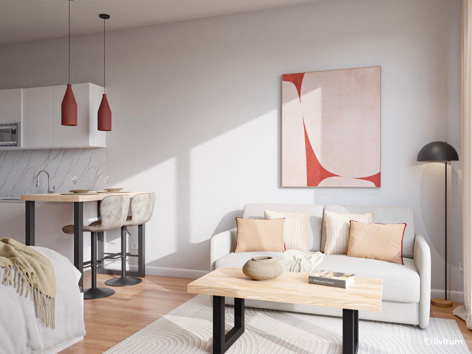 Estudio contemporáneo en colores claros con acentos en rojo, negro y madera