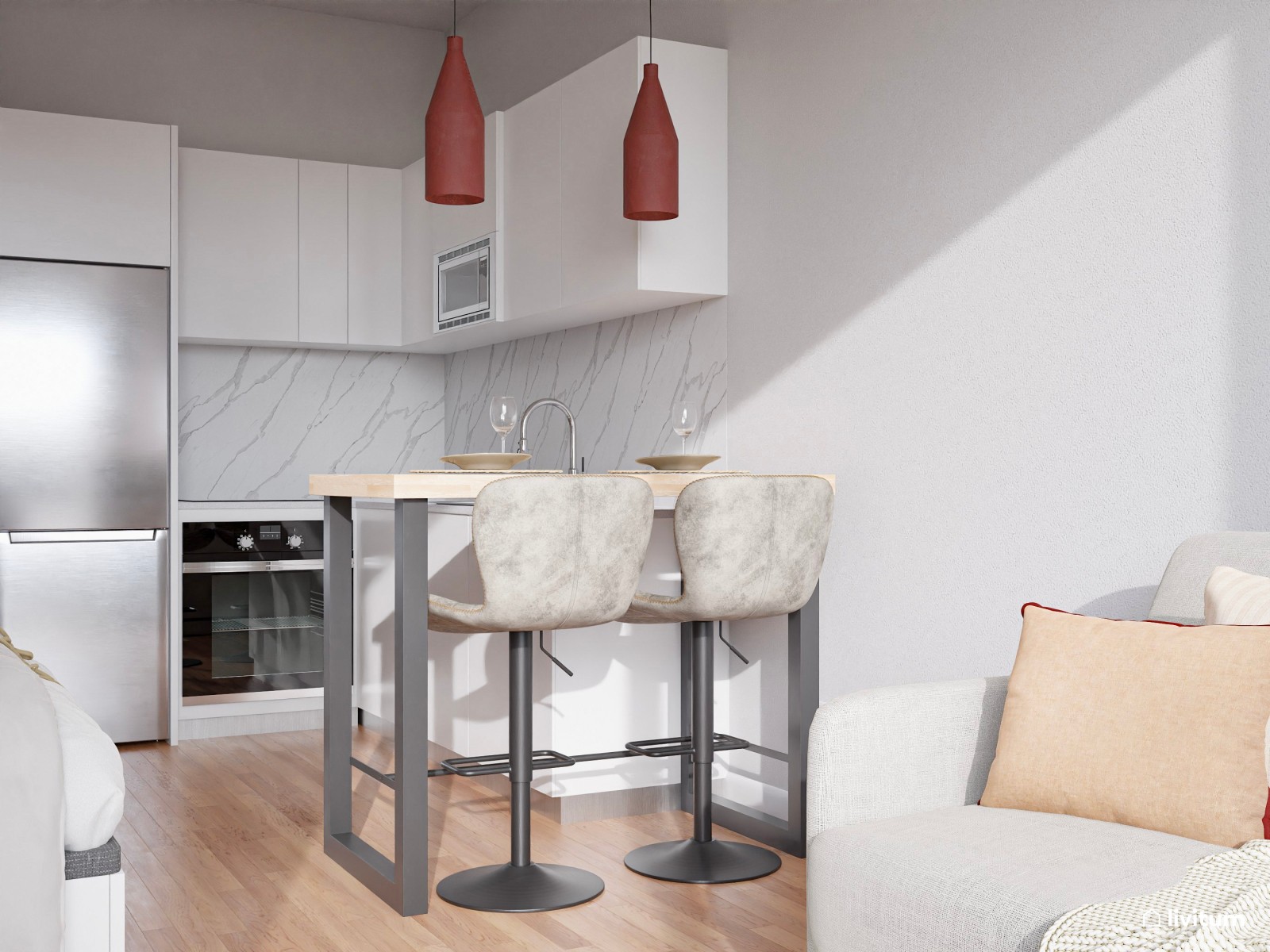 Estudio contemporáneo en colores claros con acentos en rojo, negro y madera