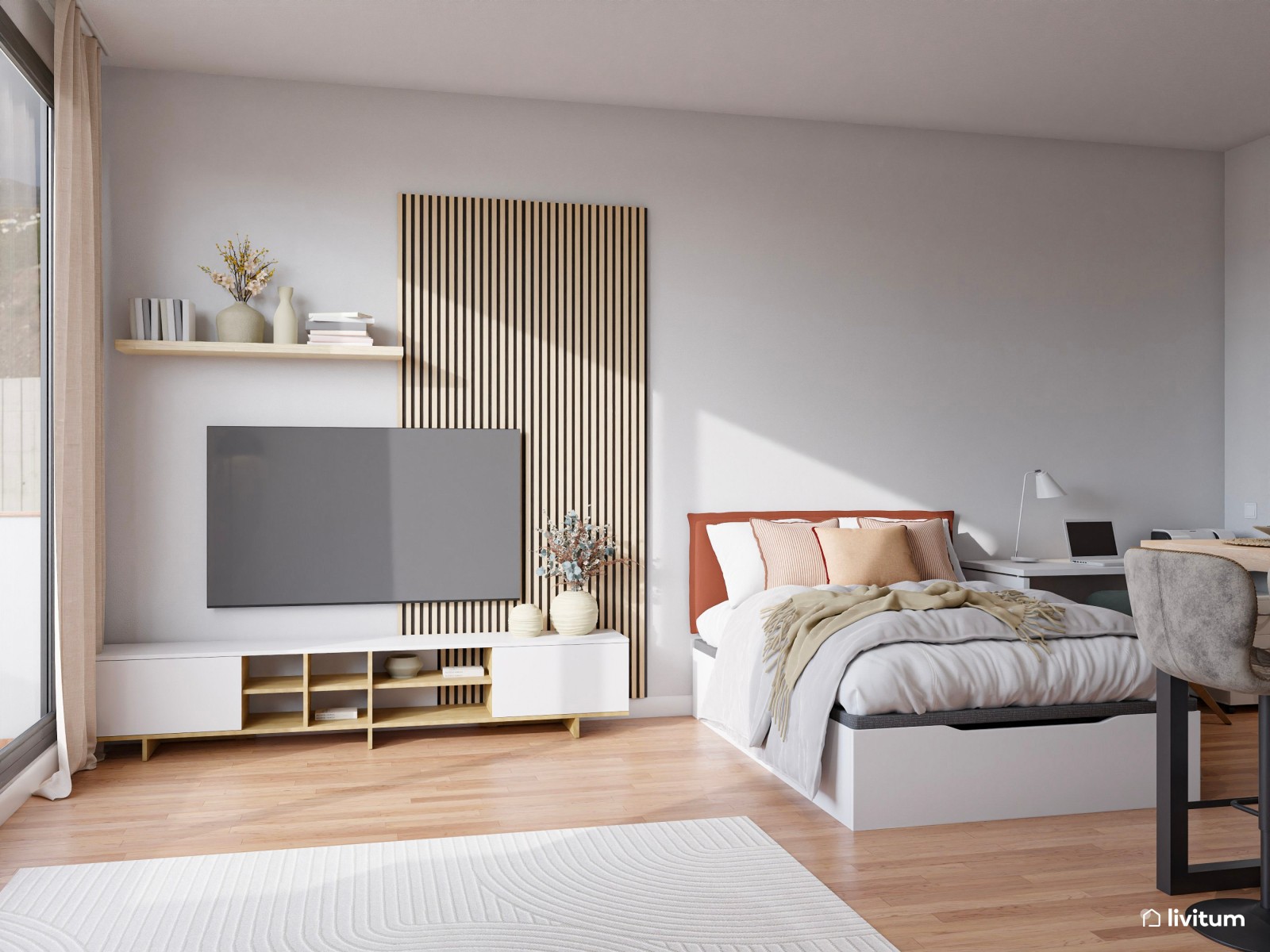 Estudio contemporáneo en colores claros con acentos en rojo, negro y madera
