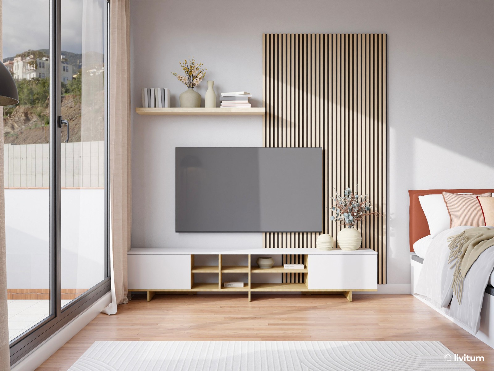 Estudio contemporáneo en colores claros con acentos en rojo, negro y madera