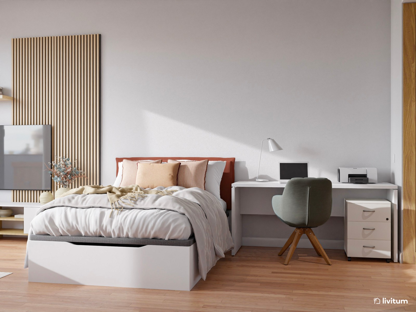 Estudio contemporáneo en colores claros con acentos en rojo, negro y madera