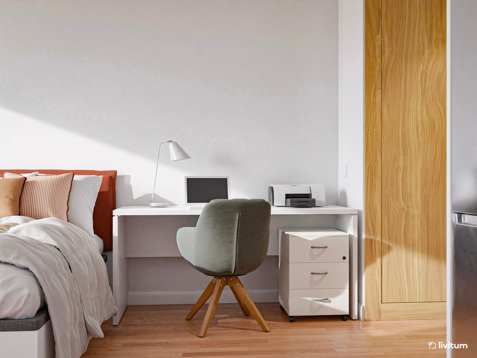 Estudio contemporáneo en colores claros con acentos en rojo, negro y madera