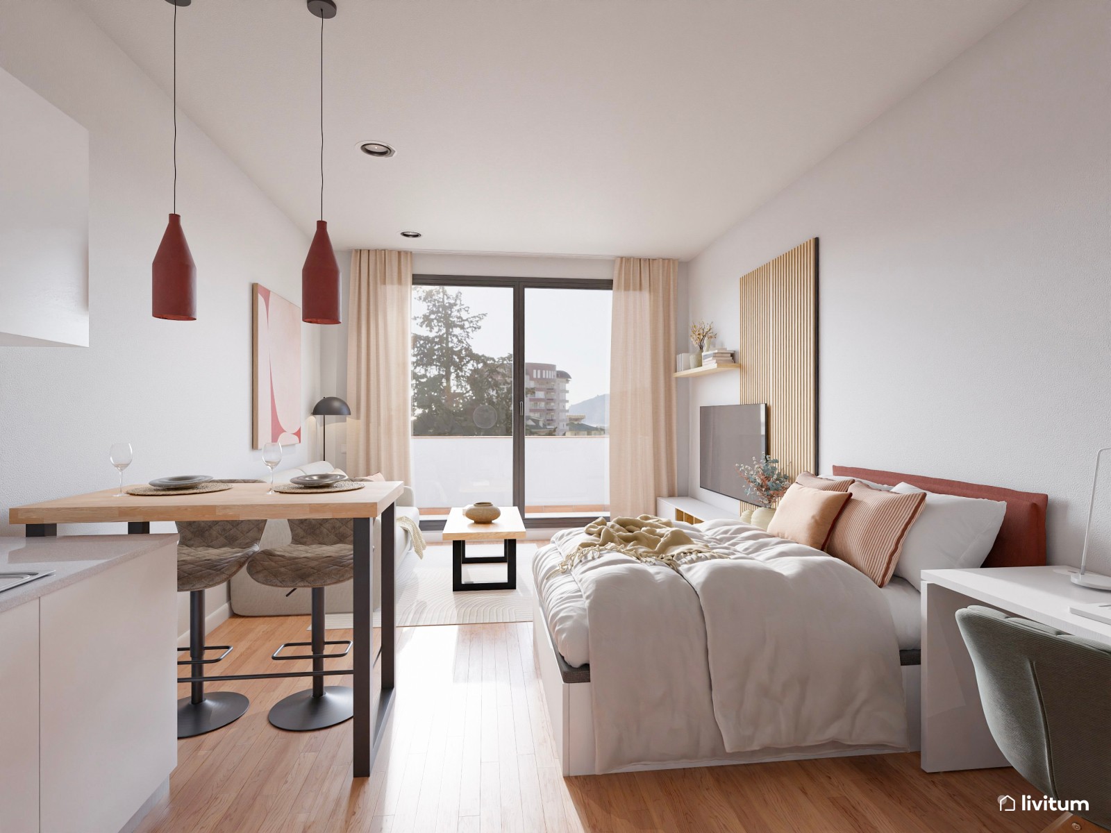 Estudio contemporáneo en colores claros con acentos en rojo, negro y madera