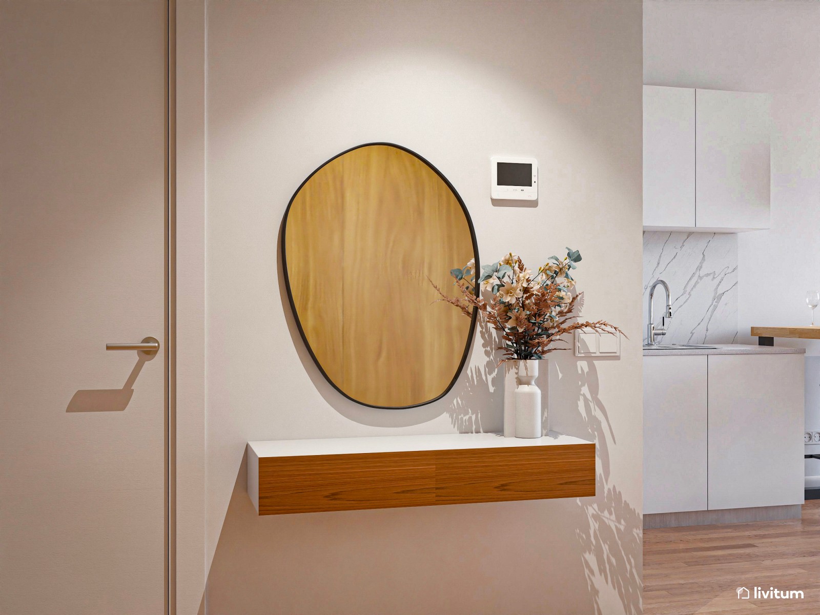 Estudio contemporáneo en colores claros con acentos en rojo, negro y madera