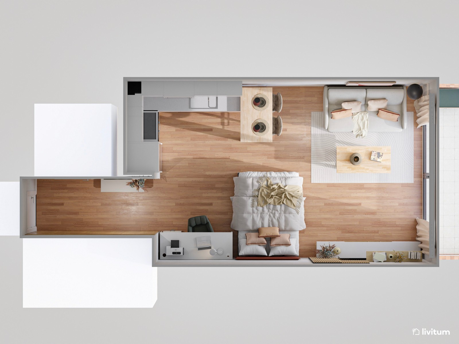 Estudio contemporáneo en colores claros con acentos en rojo, negro y madera
