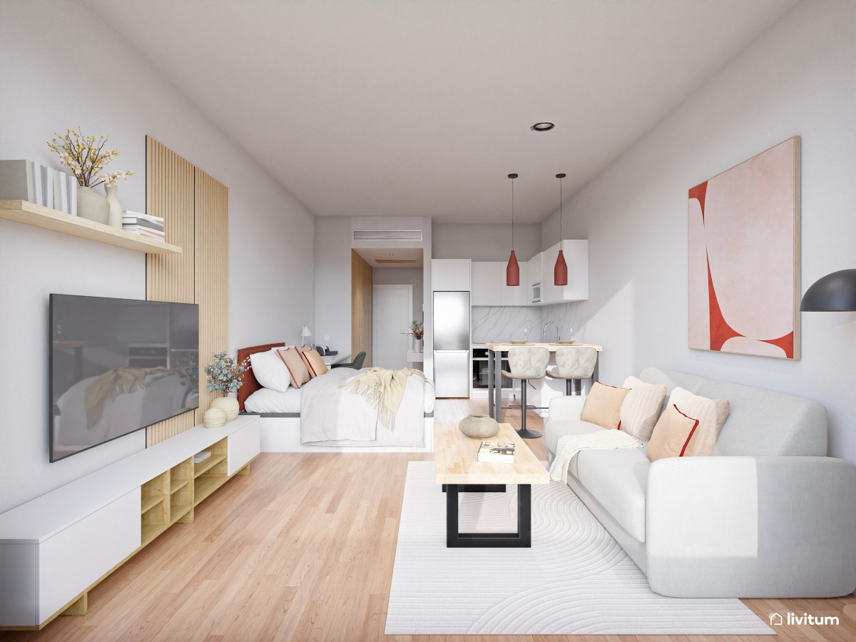 Estudio contemporáneo en colores claros con acentos en rojo, negro y madera