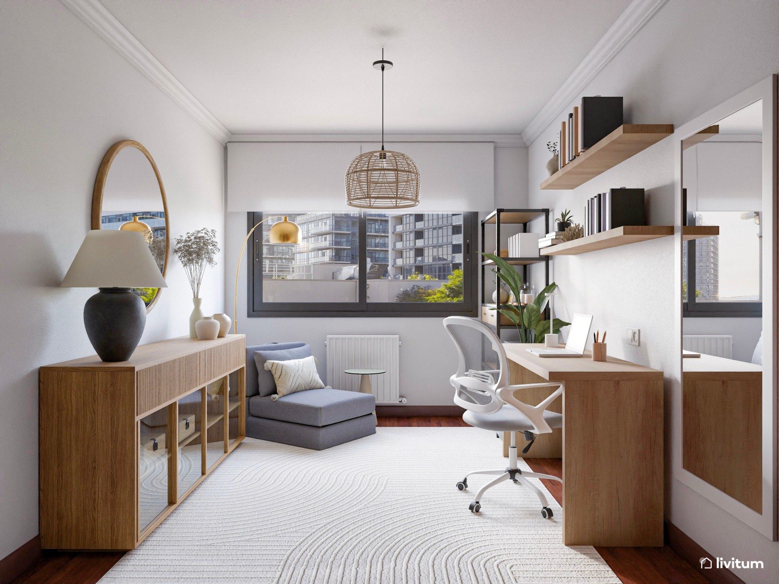 Estudio cozy con zona de descanso y mobiliario de madera