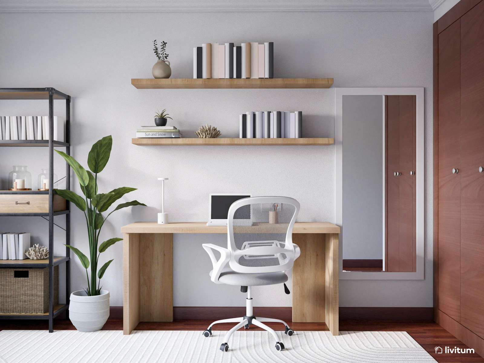 Estudio cozy con zona de descanso y mobiliario de madera