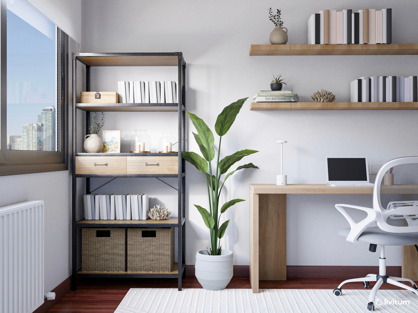 Estudio cozy con zona de descanso y mobiliario de madera