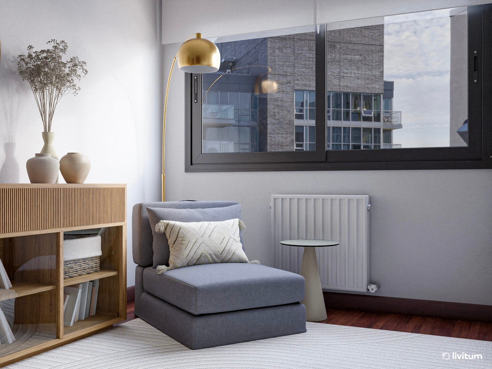 Estudio cozy con zona de descanso y mobiliario de madera